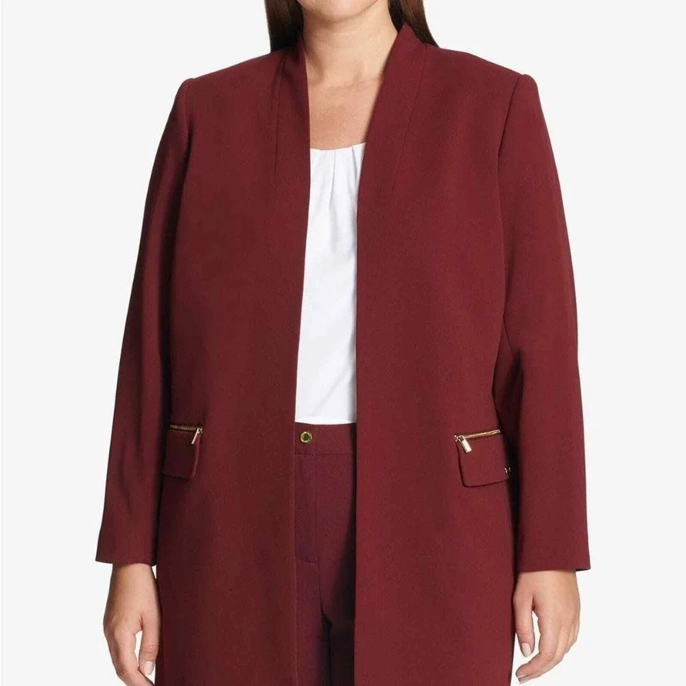 Calvin Klein Petite Jacket  Burgundy Collarless Open Front Jacket 8P NWT‎